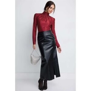 Rabanne Red Viscose Jersey High Neck Gathered Draped Blouse Top Size 38 IT 42